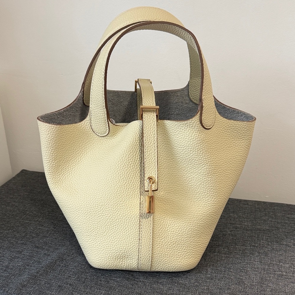 Structured Cream Pebbled Leather Tote with Gold Accent
